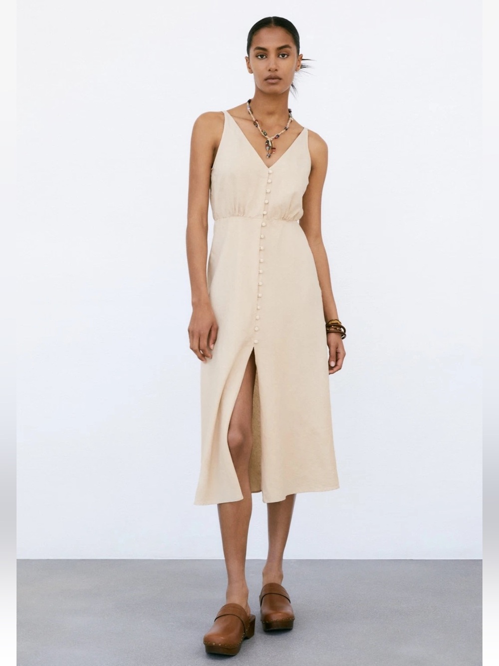 ZARA Cream Sand Linen Button Down Midi Dress